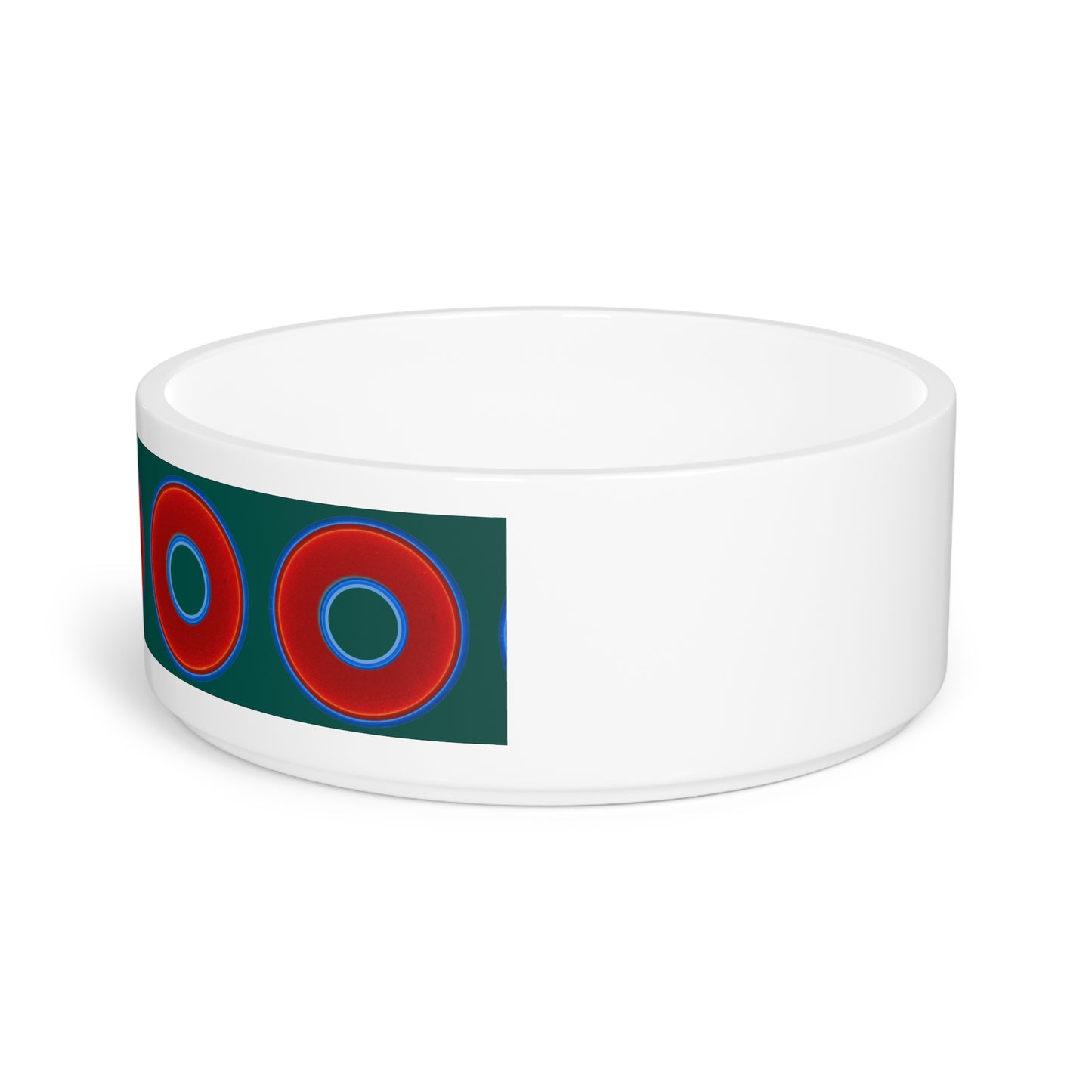 16 oz Lumpy Pet Bowl - vivid red donuts w/dark Fenway green background