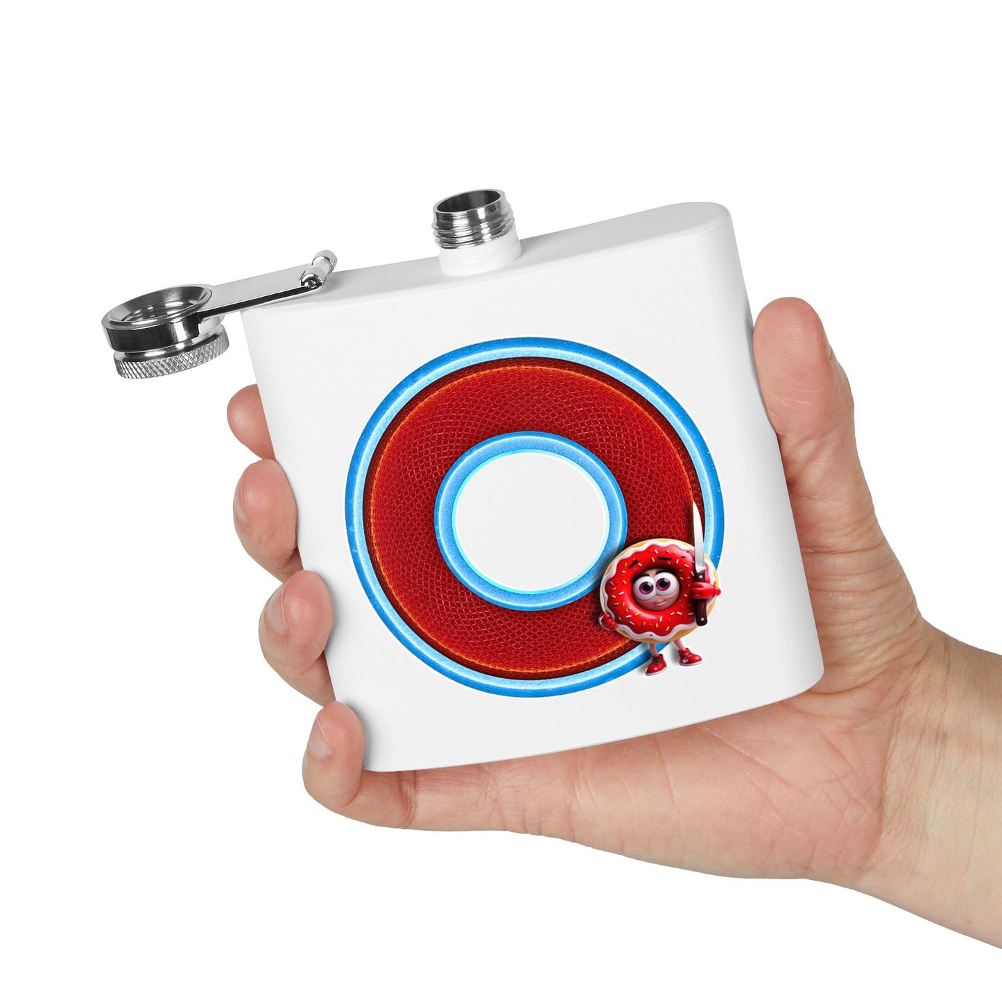 Lump's Donut Flask 6 oz -  "My Phriend, My Phriend the Donut's Flask" - red/light blue rustic donut - [*w/your choice of 6 backgrounds]