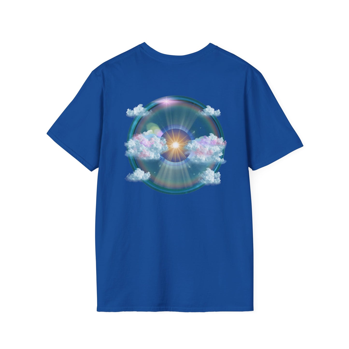 Classic Donut Tee - Unisex Soft-Style - "The Divided Donut" - variant 2 - blue donut  w/hole & sun [*50% to The Divided Sky Foundation]