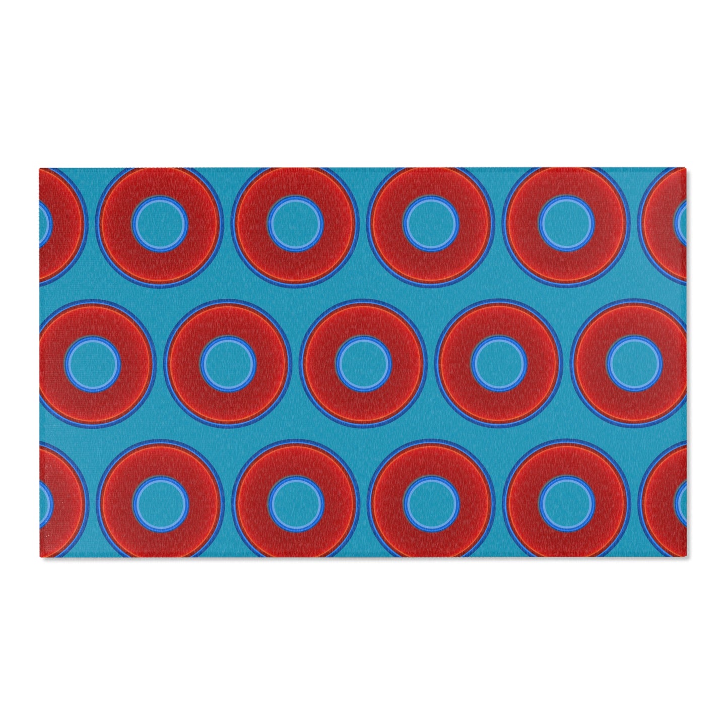 Lumpy Donut Print Rug - choice of 3 sizes - vivid red donut print w/aquamarine blue background