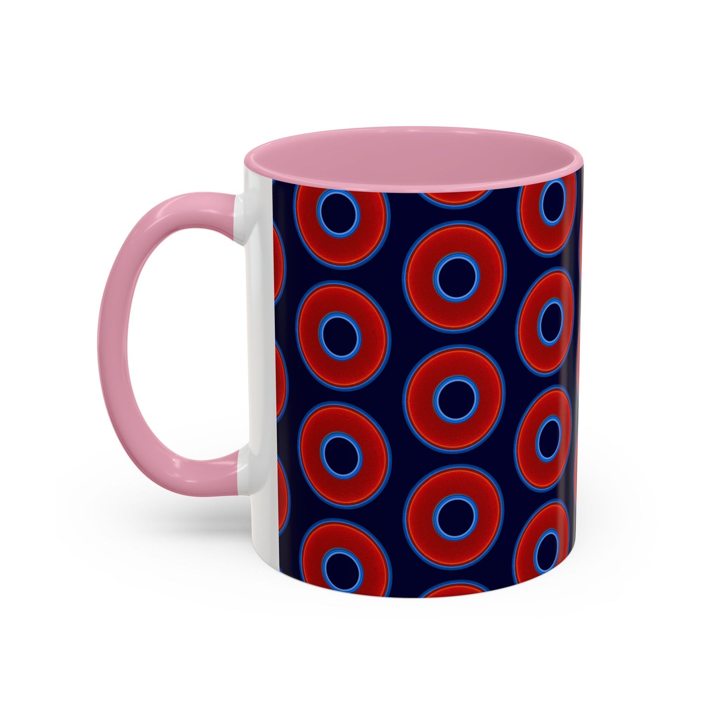 Lump's Grumpy Coffee Mug - vivid red donuts w/midnight blue background