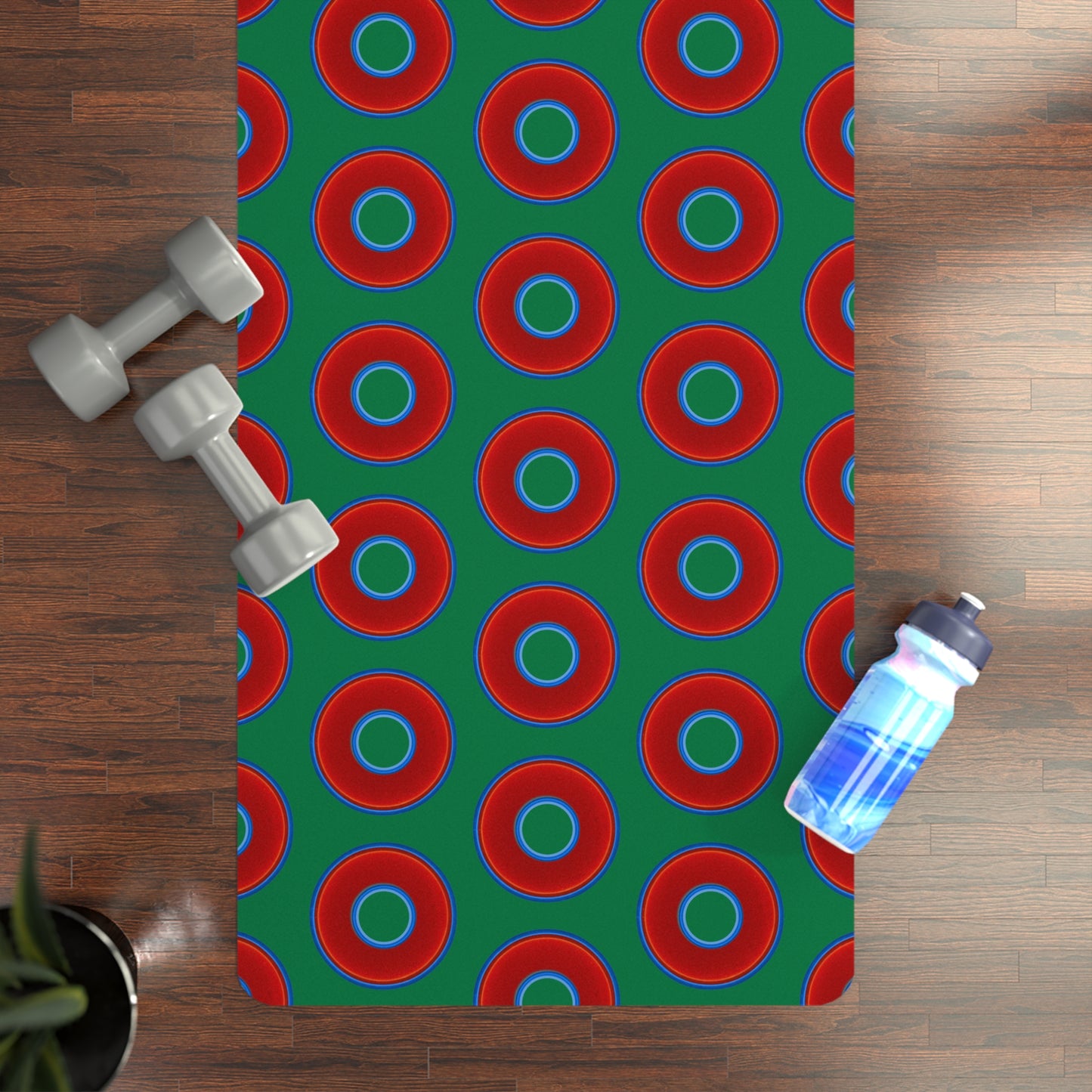 Lumpy Donut Yoga Mat :) - 24″ x 70" - vivid red donut print w/dark green background