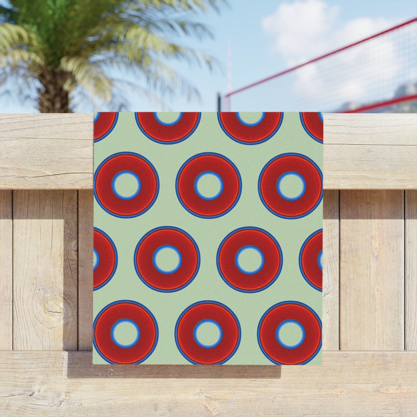 Lumpy Donut Towels - vivid red donuts w/seafoam background