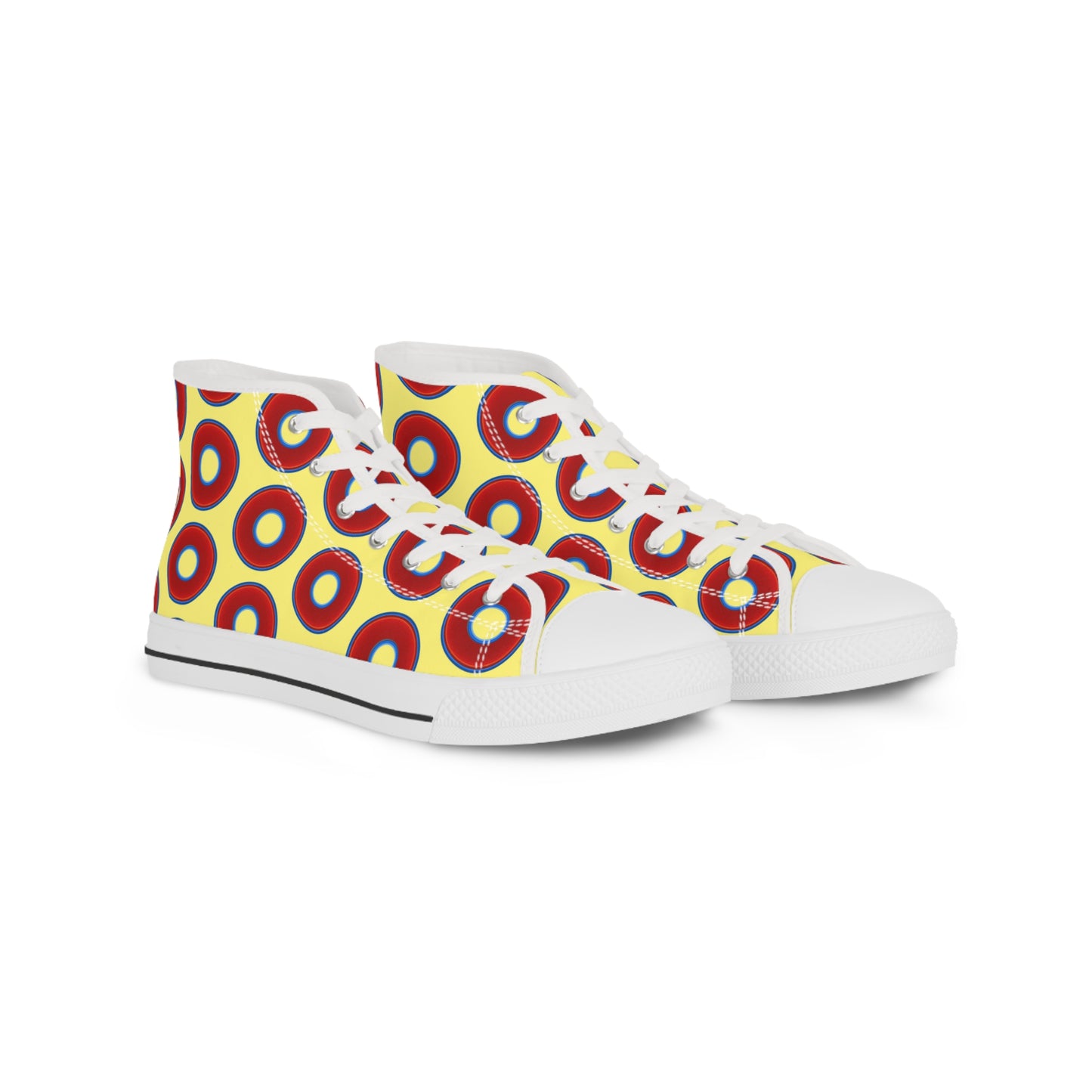 Men's High Top Chucks - large vivid red donut print w/yellow background