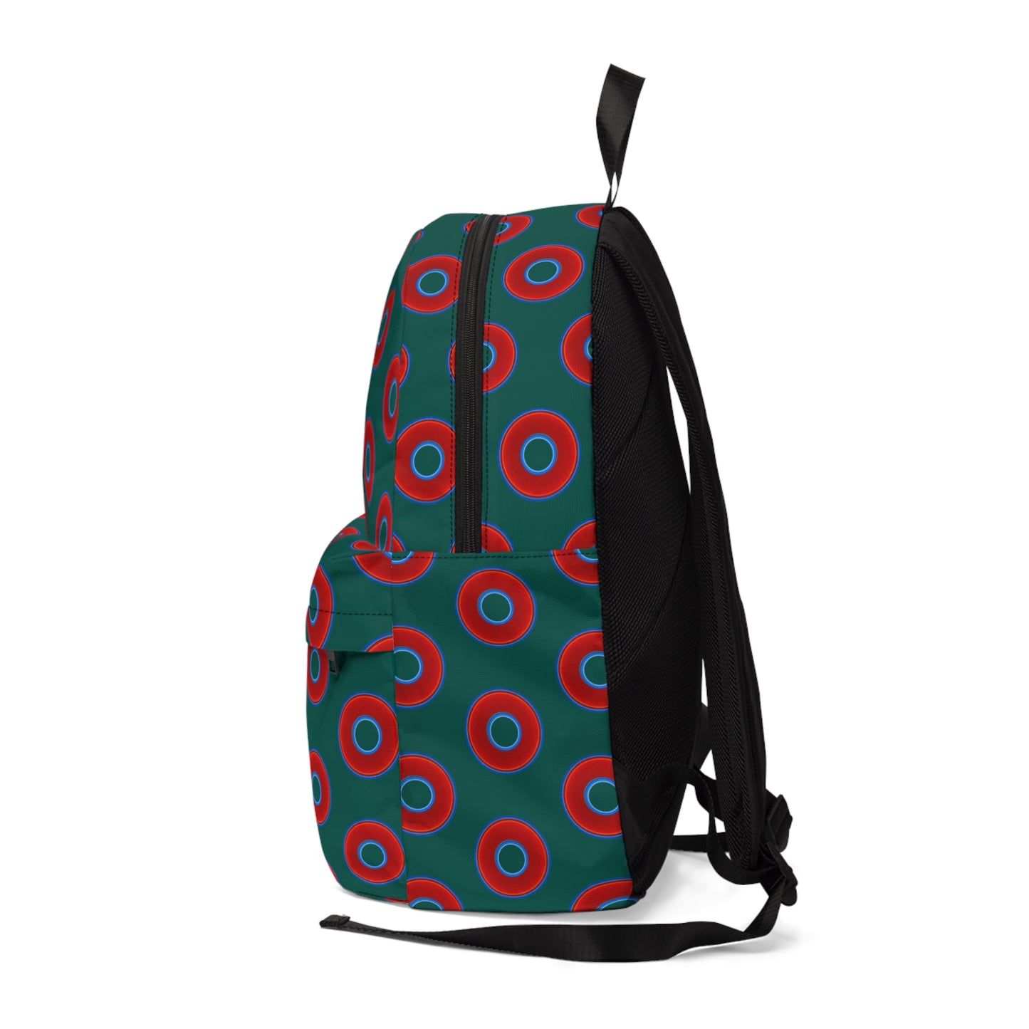 Donut Backpack - red vivid donuts w/dark grayish green background