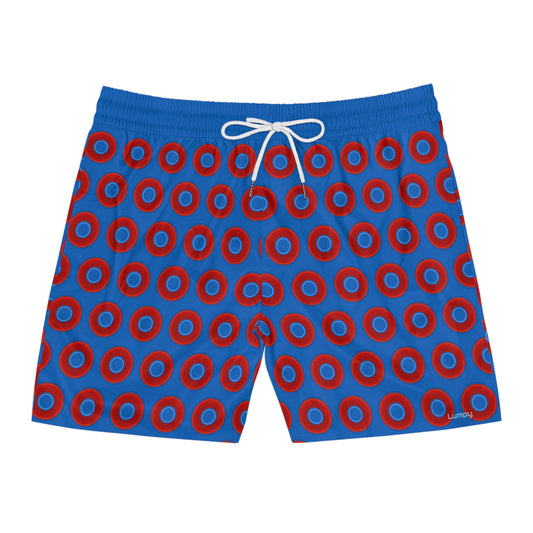 Men's Lumpy Swim Trunks - vivid red donut print w/dark royal blue background