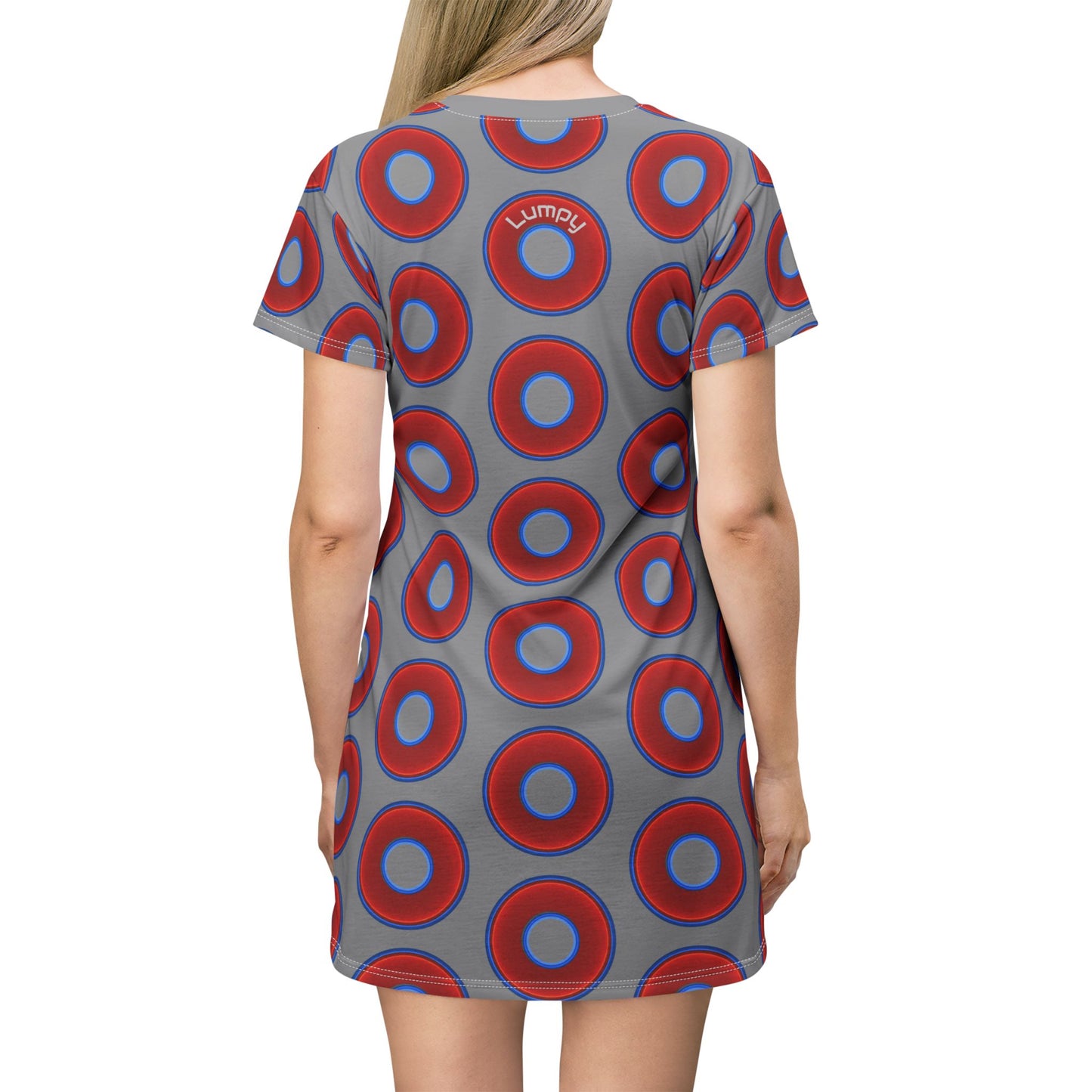Not a Muumuu AOP Tee Shirt Dress - red vivid donuts w/light gray background