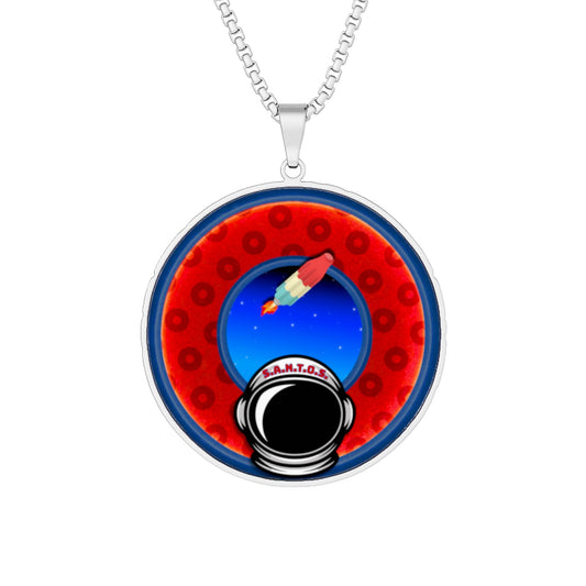 Lump's Heady Donut Necklace - 1" x 1" Stainless Steel Pendant - "Santos's Wooked Cream Dairy - YEMSG Donut - Princely Edition" - burgundy/orange rustic paradox donut - variant 1