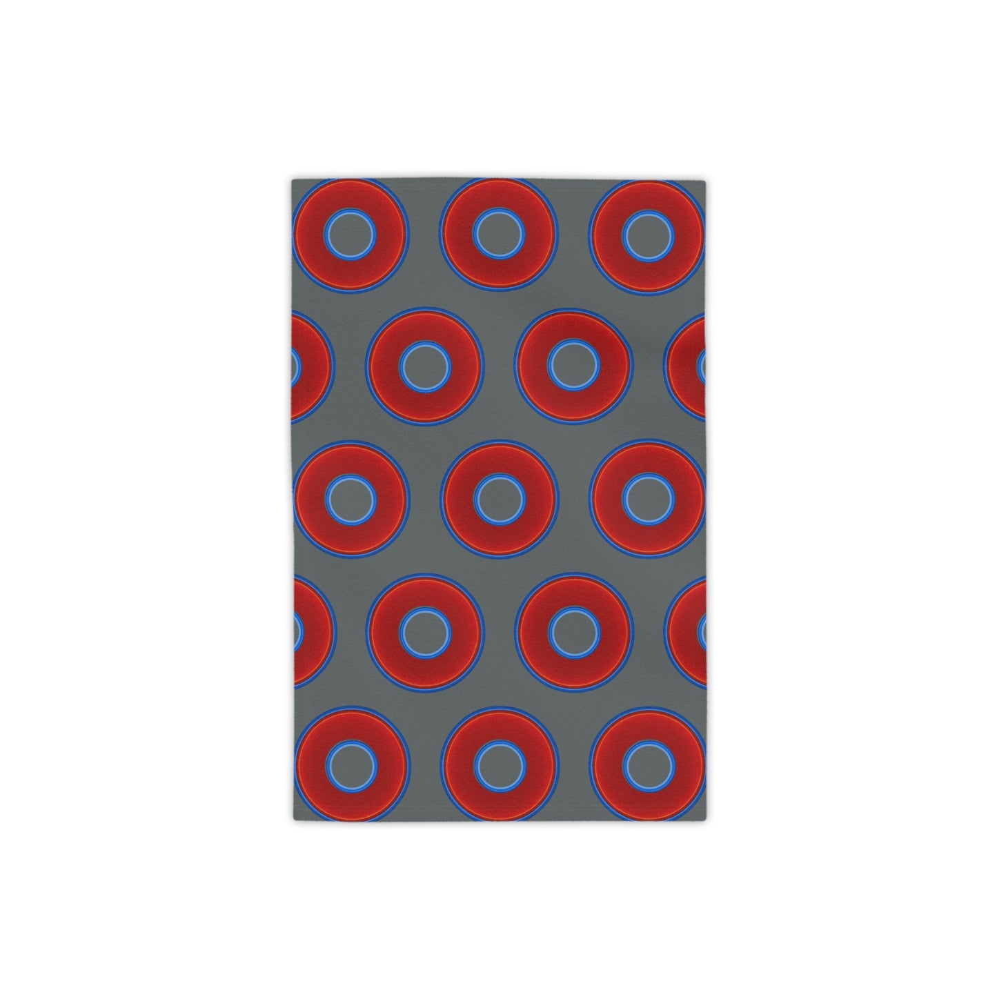Lumpy Donut Towels - vivid red donuts w/dark gray background