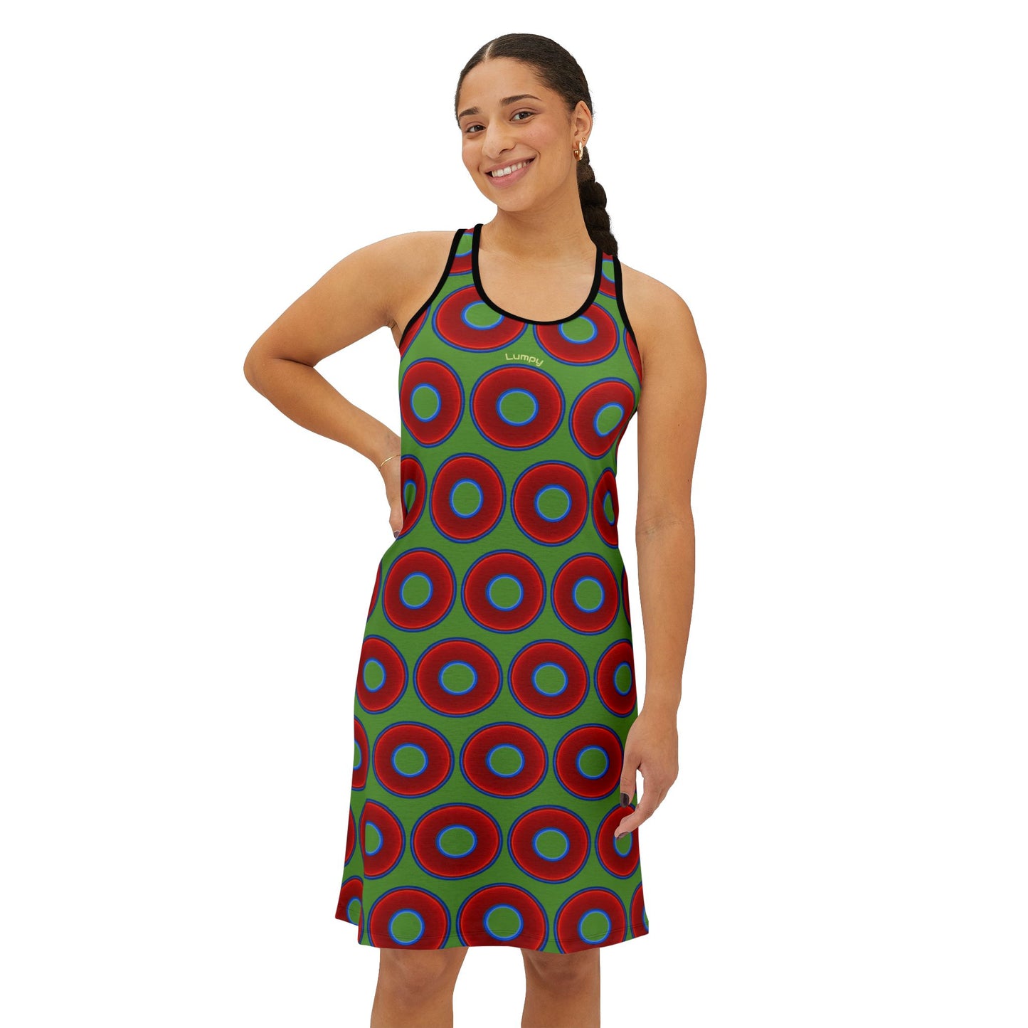 Tela's Lumpy Racerback Donut Dress - red vivid donut print w/light green background