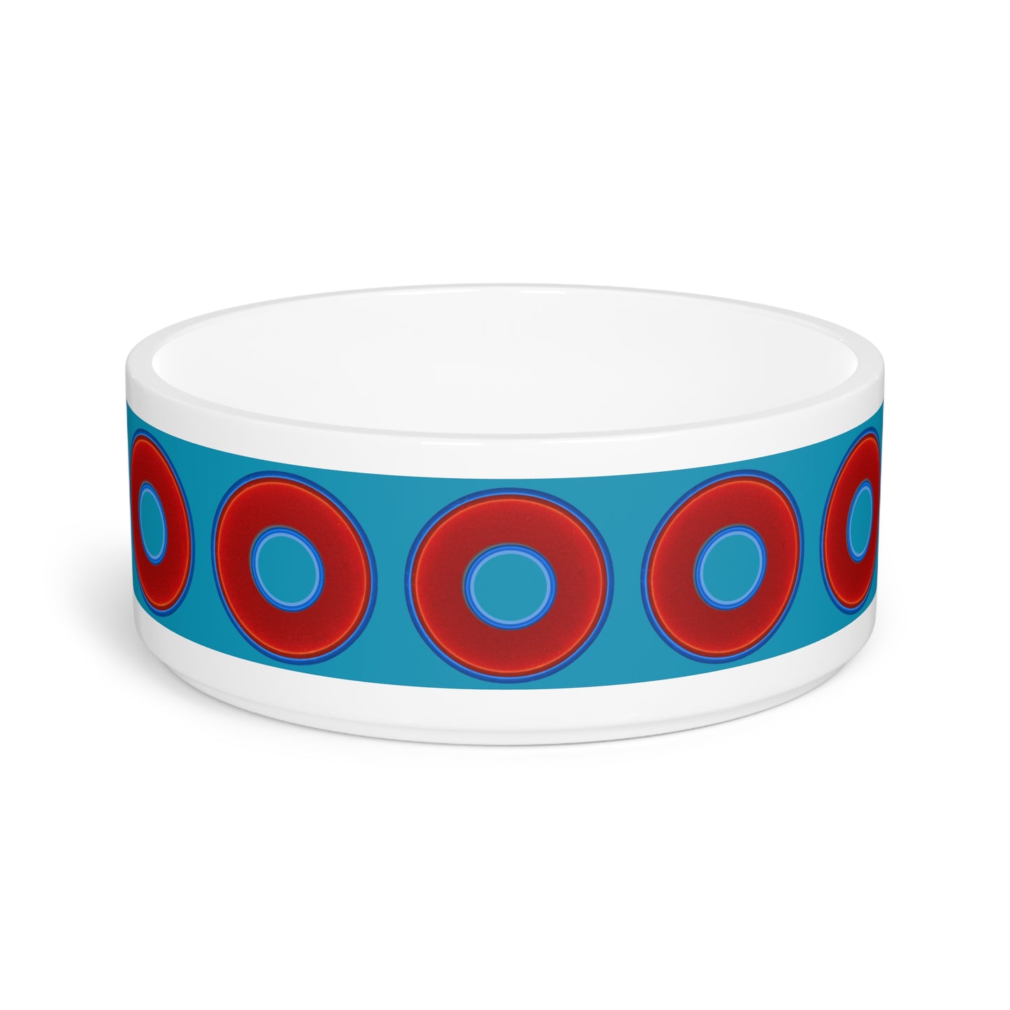 16 oz Lumpy Pet Bowl - vivid red donuts w/aquamarine blue background