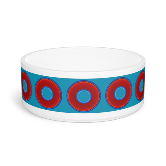 16 oz Lumpy Pet Bowl - vivid red donuts w/aquamarine blue background