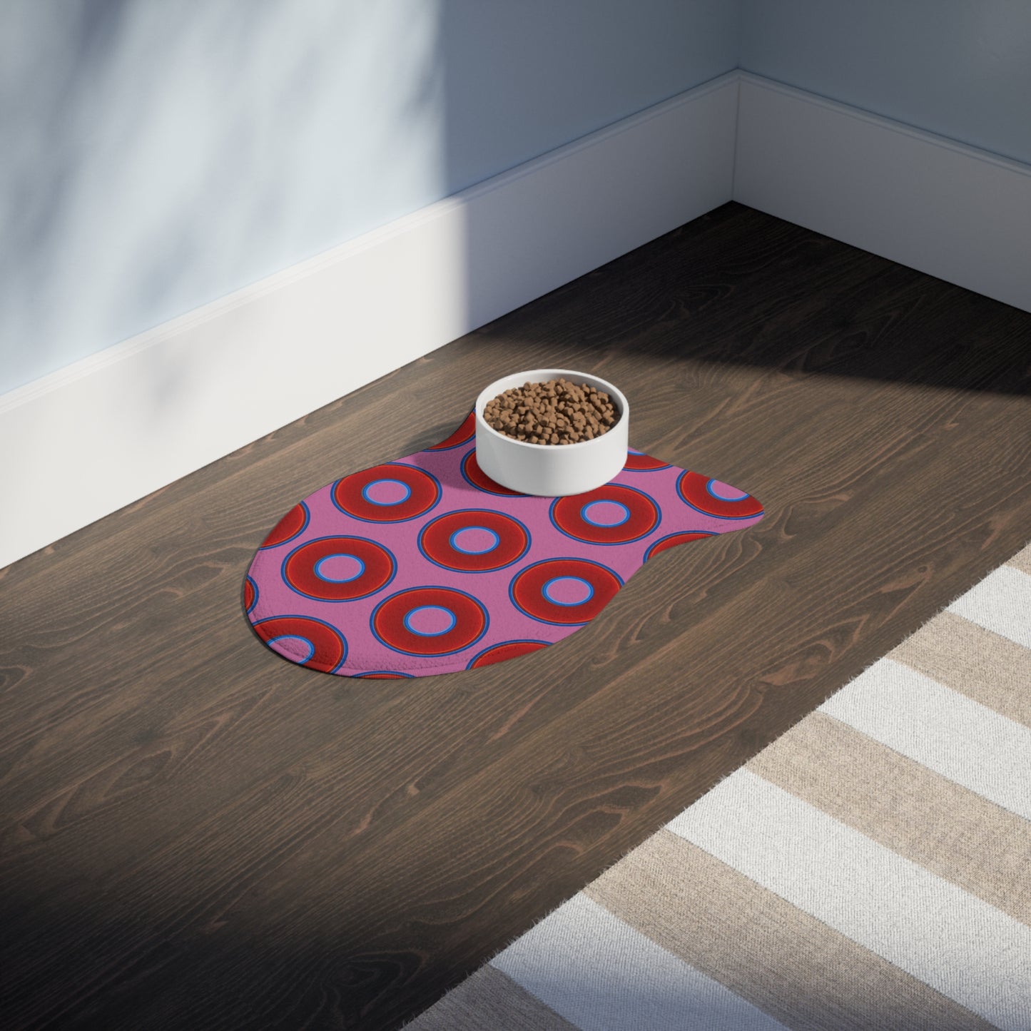 Wendy's Lumpy Pet Feed Mat - vivid red donuts w/pink background