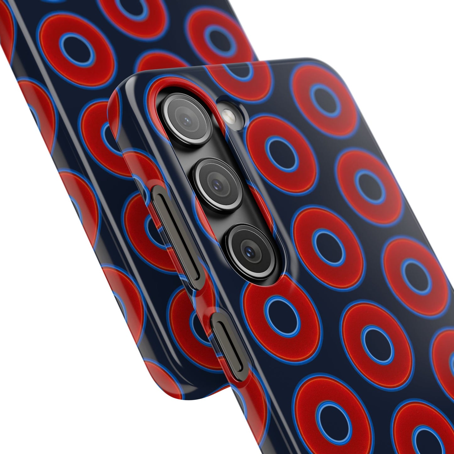 Lumpy Donut Snap Case - red vivid donut print w/midnight teal blue background