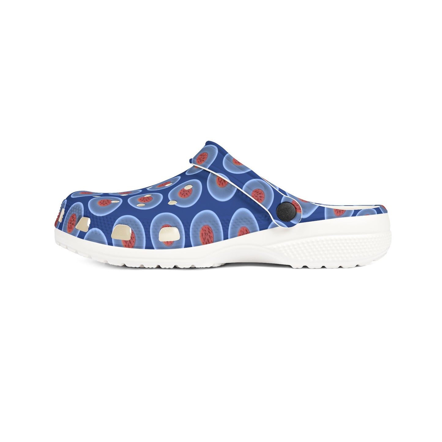 Spatchcocks - donut slip-on shoes - "The Donut Swimming By" - variant 1 - light blue phatty donuts w/dark blue background background [unisex]