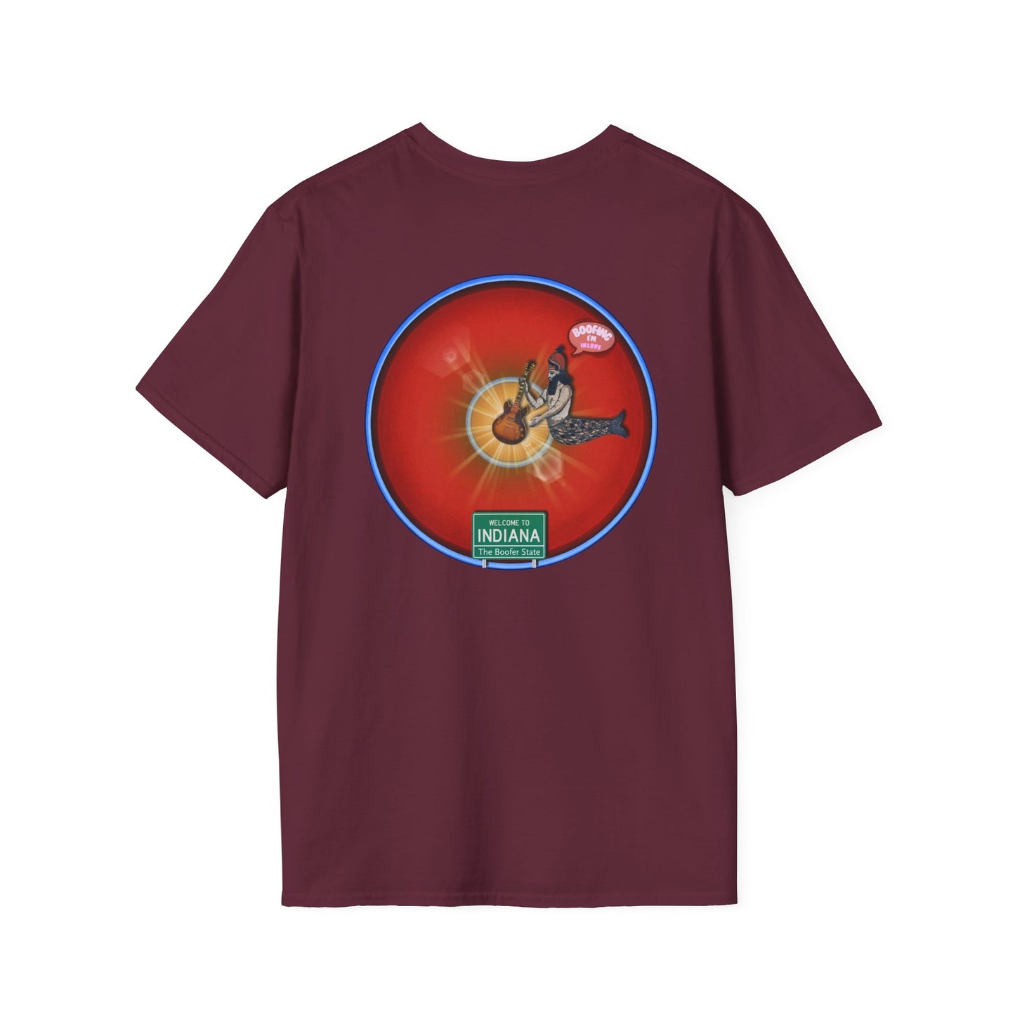Classic Donut Tee - Unisex Soft-Style - "Indiana is for Boofers" - vivid red/blue plumpy donut - variant 2 - w/sun drop