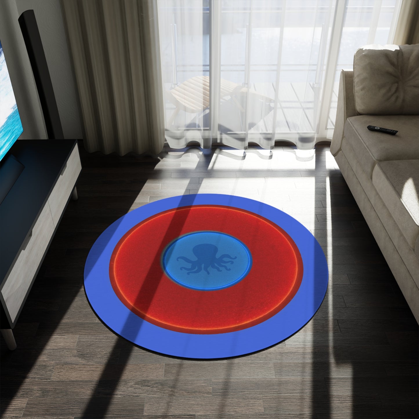Round Room - 5 ft x 5 ft Lumpy Donut Rug - "Roger Moore's Donut" - vivid red donut w/royal blue background - variant 1