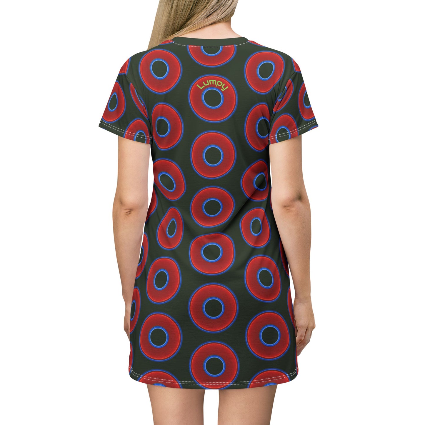 Not a Muumuu AOP Tee Shirt Dress - red vivid donuts w/deep forest green background