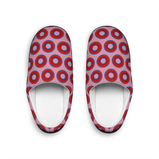 Women's Lumpy Slippers - red vivid donut print w/pale magenta background