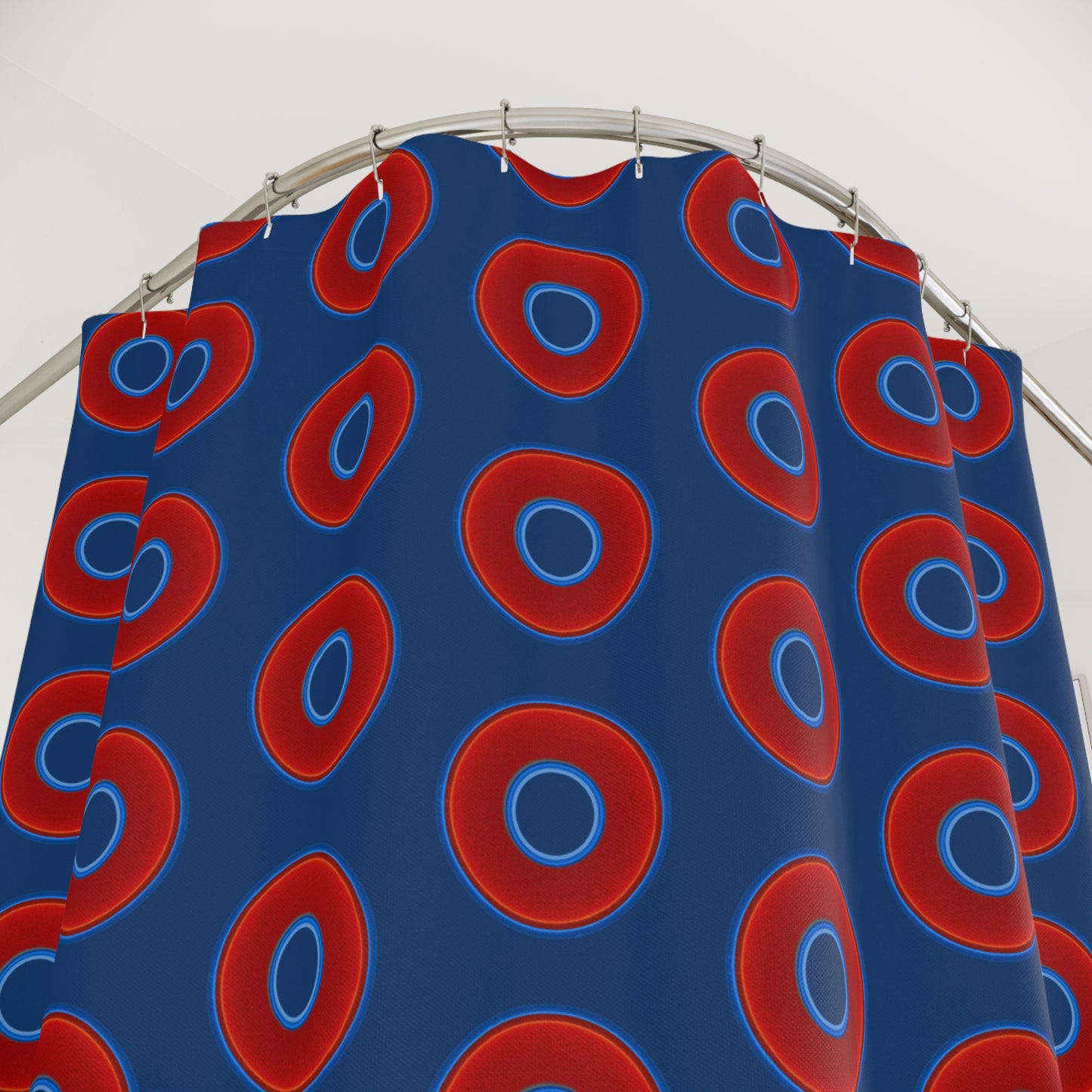The Curtain With "Donuts" - Lumpy Bath Time Fun - vivid red donuts w/Atlantic navy background