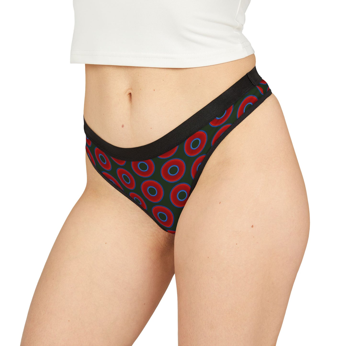 Lumpy Donut Thongs - red vivid donut print w/deep forest green background
