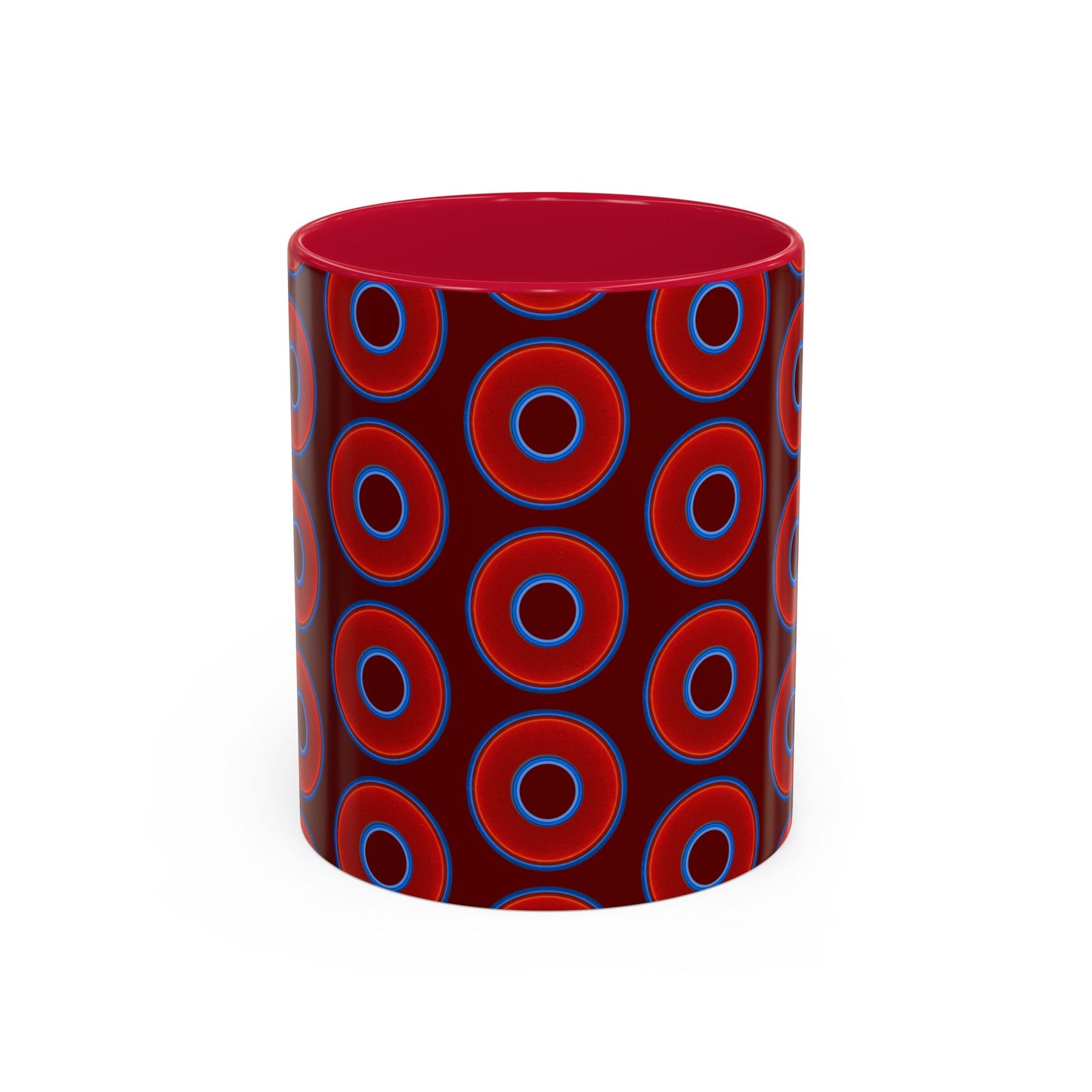 Lump's Grumpy Coffee Mug - vivid red donuts w/dark red background