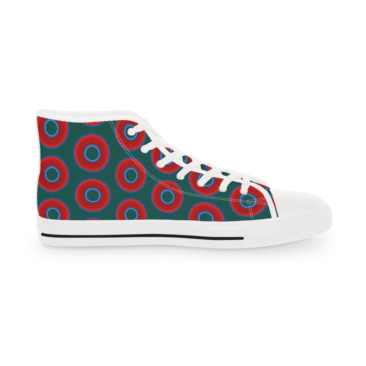 Men's High Top Chucks - large vivid red donut print w/dark Frenway green background