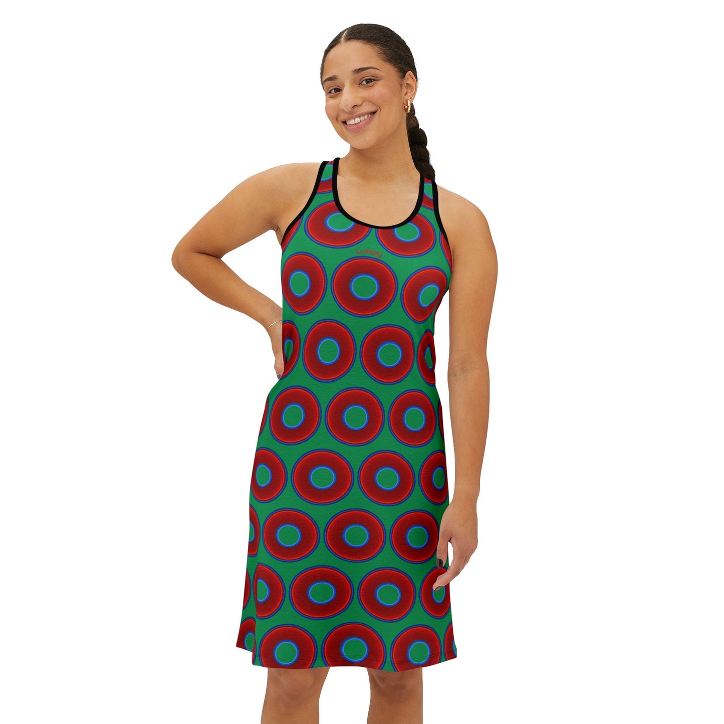 Tela's Lumpy Racerback Donut Dress - red vivid donut print w/jade green background