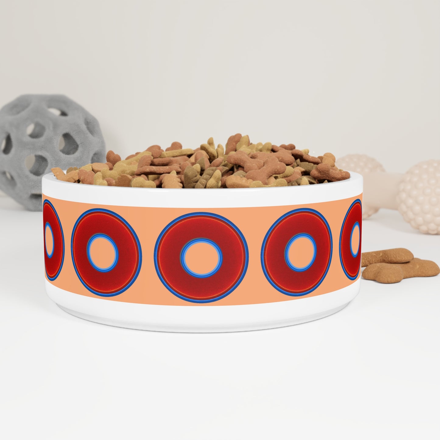16 oz Lumpy Pet Bowl - vivid red donuts w/peach background