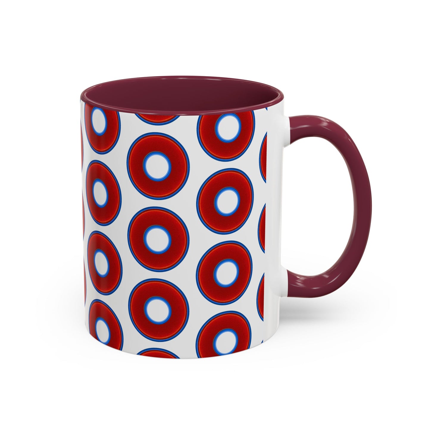 Lump's Grumpy Coffee Mug - vivid red donuts w/white background