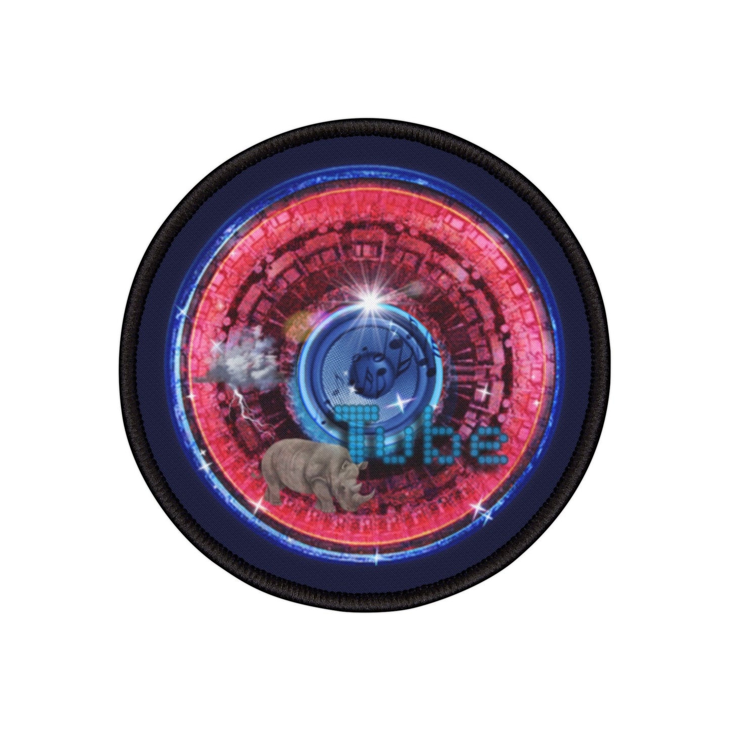 Iron-On Donut Patch - "Rhino's Thunderous Donut" - vivid red/blue tube donut - variant 1