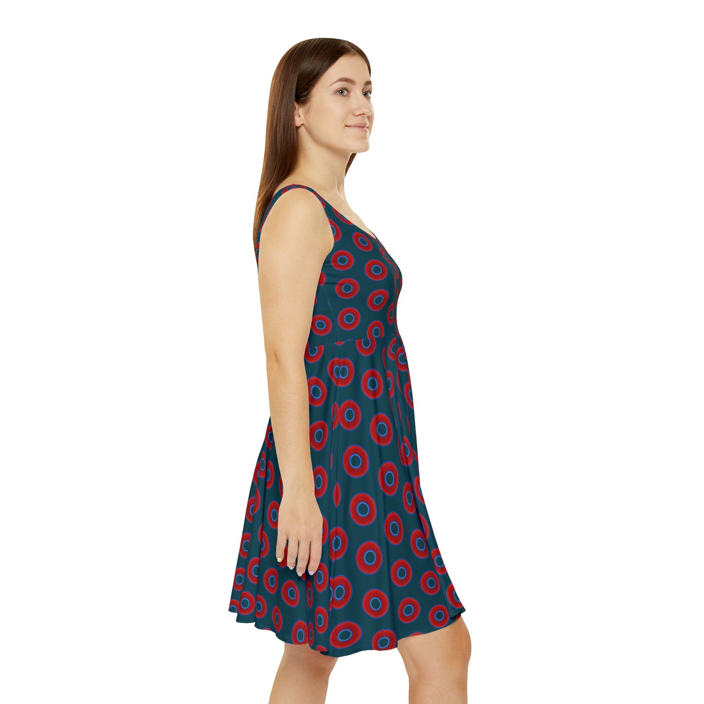 Women's Skater Donut Dress - vivid red donut print w/midnight teal green background