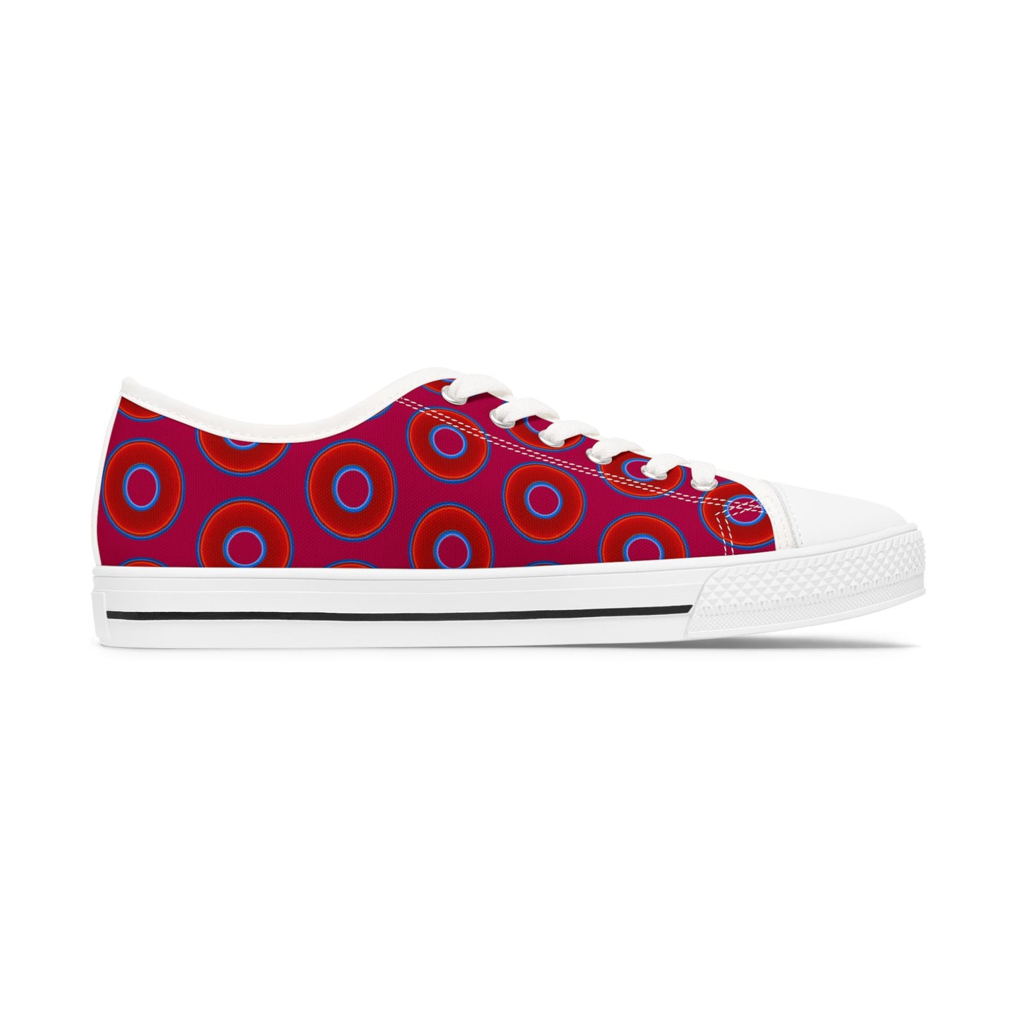 Women's - Low Top Chuck Taylors - large vivid red donut print w/dark magenta background