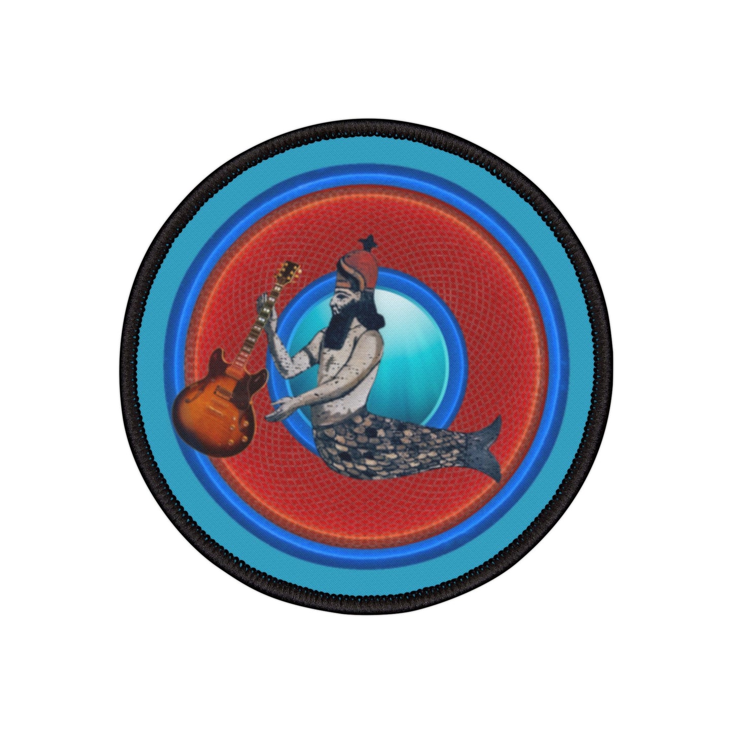 Iron-On Donut Patch - "Doggone Dagon Donut - The 1st Rockstar" - rustic red/blue donut - variant 3