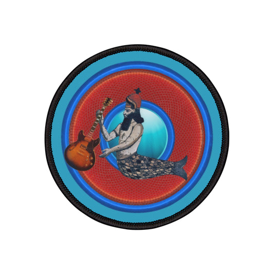 Iron-On Donut Patch - "Doggone Dagon Donut - The 1st Rockstar" - rustic red/blue donut - variant 3