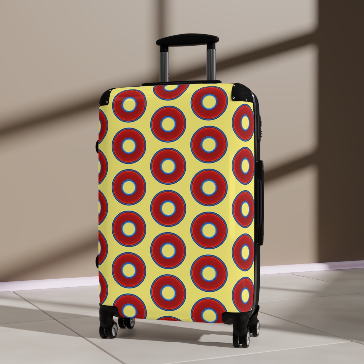 The Very Lumpy Donut Suitcase series - your choice of S, M or L - vivid red donut print w/yellow background