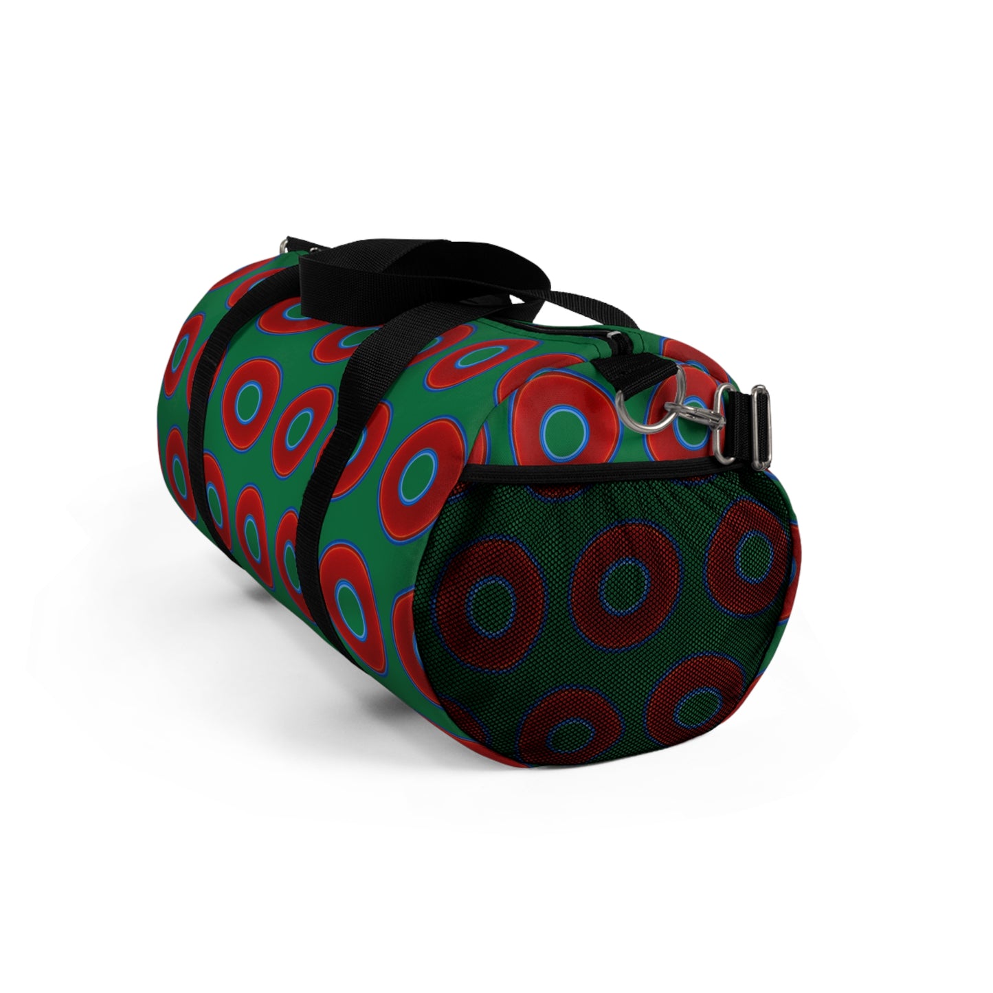 Lumpy Duffel - vivid red donuts w/green background
