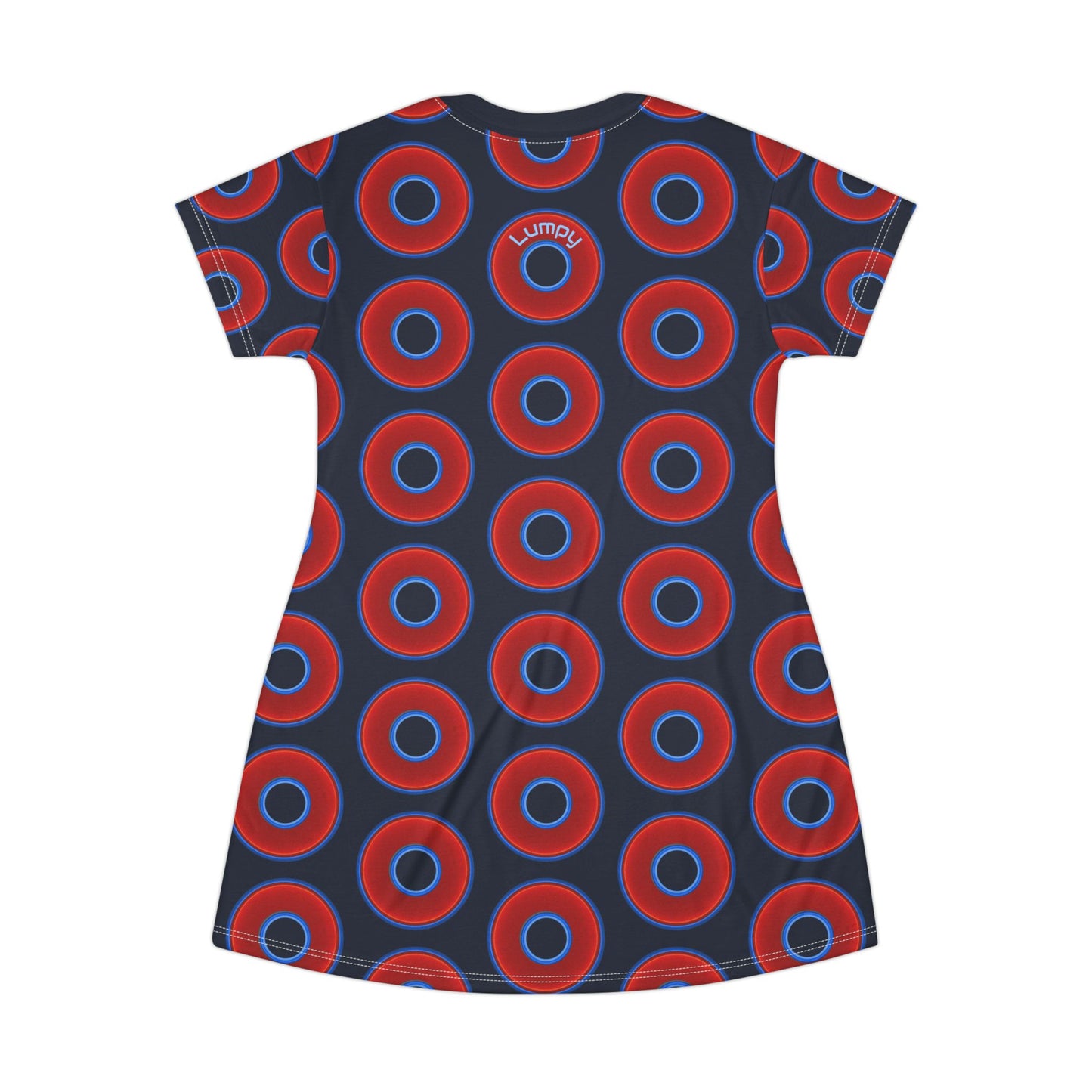 Not a Muumuu AOP Tee Shirt Dress - red vivid donuts w/dark teal blue elite background