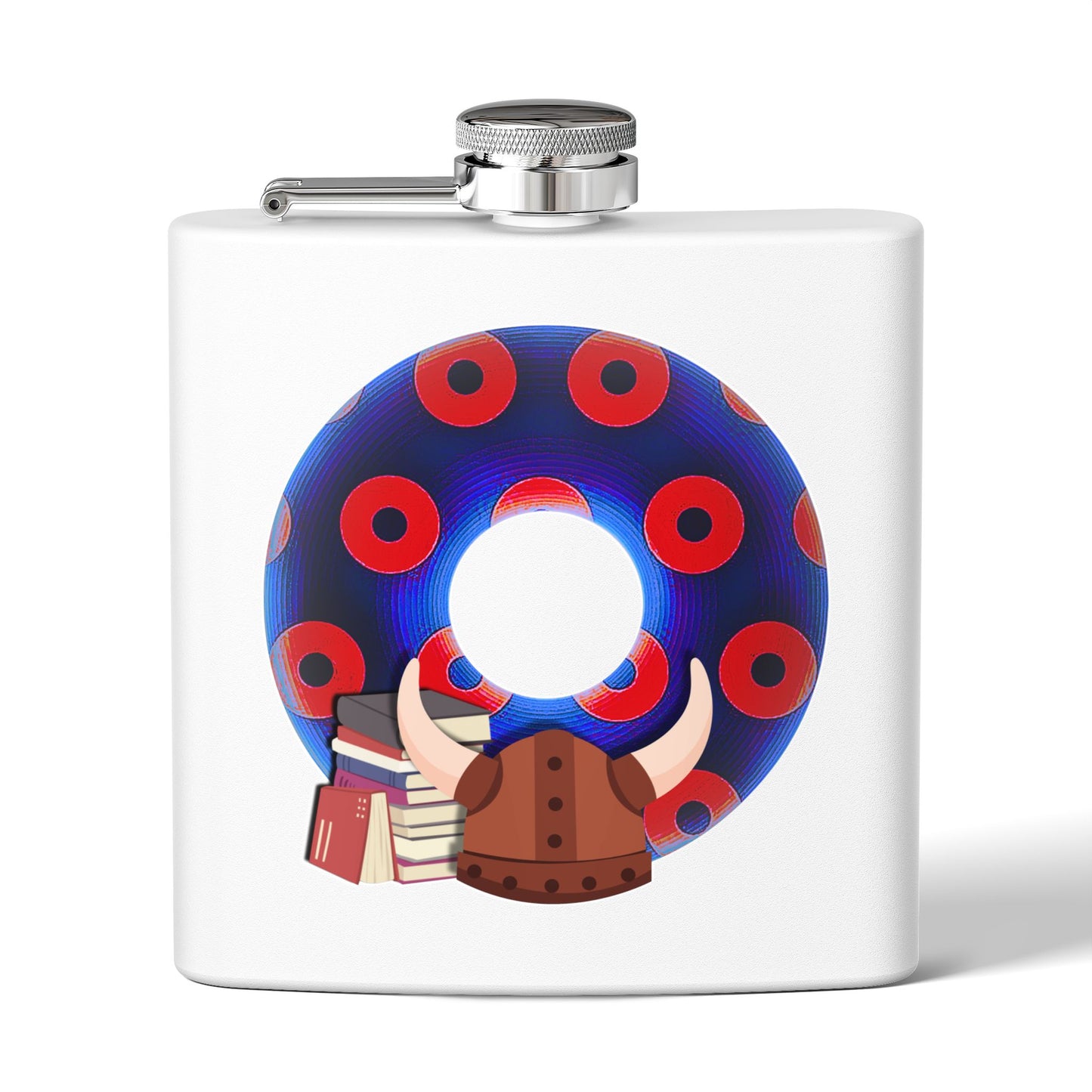 Lump's Donut Flask 6 oz -  "Vlad's Impaling Flask" - blue/red blimpy paradox donut - [*w/your choice of 5 backgrounds]