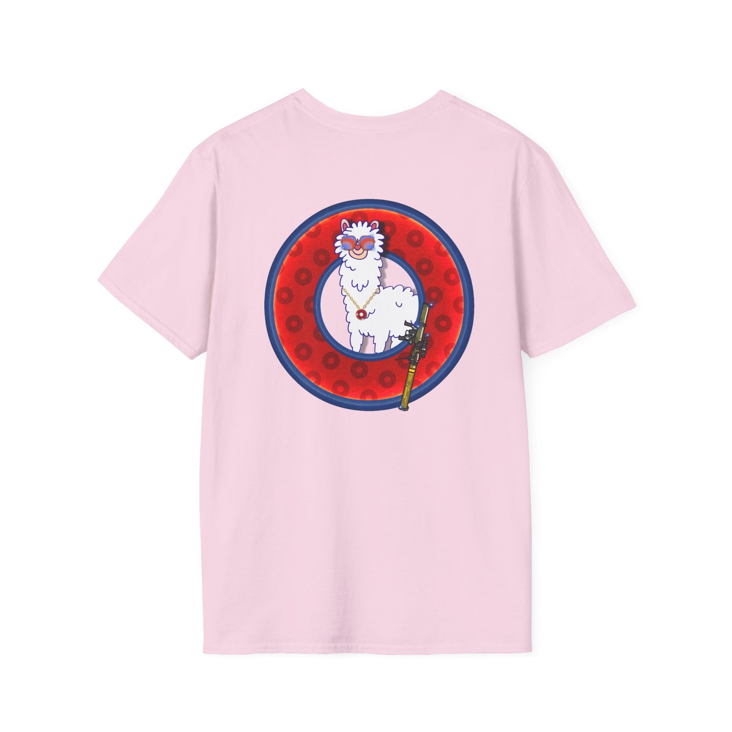 Classic Donut Tee - Unisex Soft-Style - "Medium Paced Llama Donut" - red/blue widemouthed paradox donut