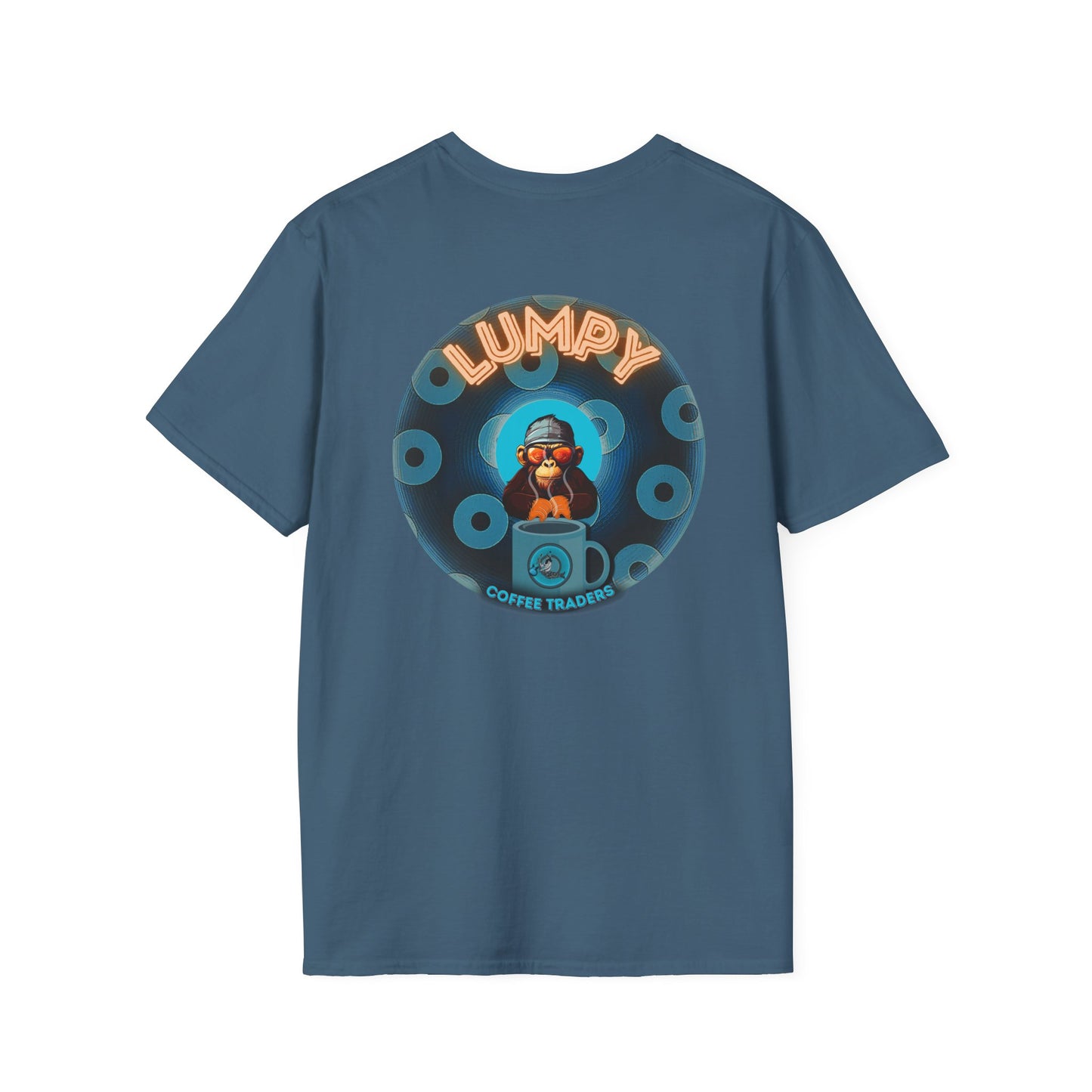 Lumpy Coffee Traders Tee - Unisex Soft-Style - "Good to Last Leaky Drop" - paradoxical donut - variant 2 - ocean donut front/logo back