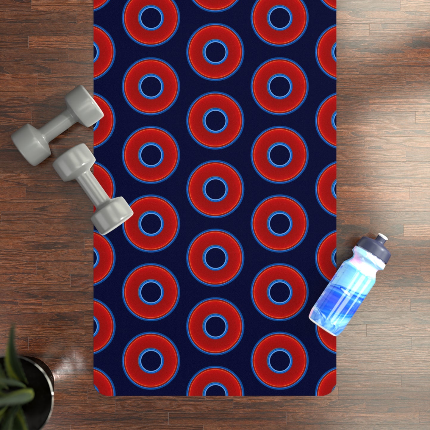 Lumpy Donut Yoga Mat :) - 24″ x 70" - vivid red donut print w/dark navy blue background