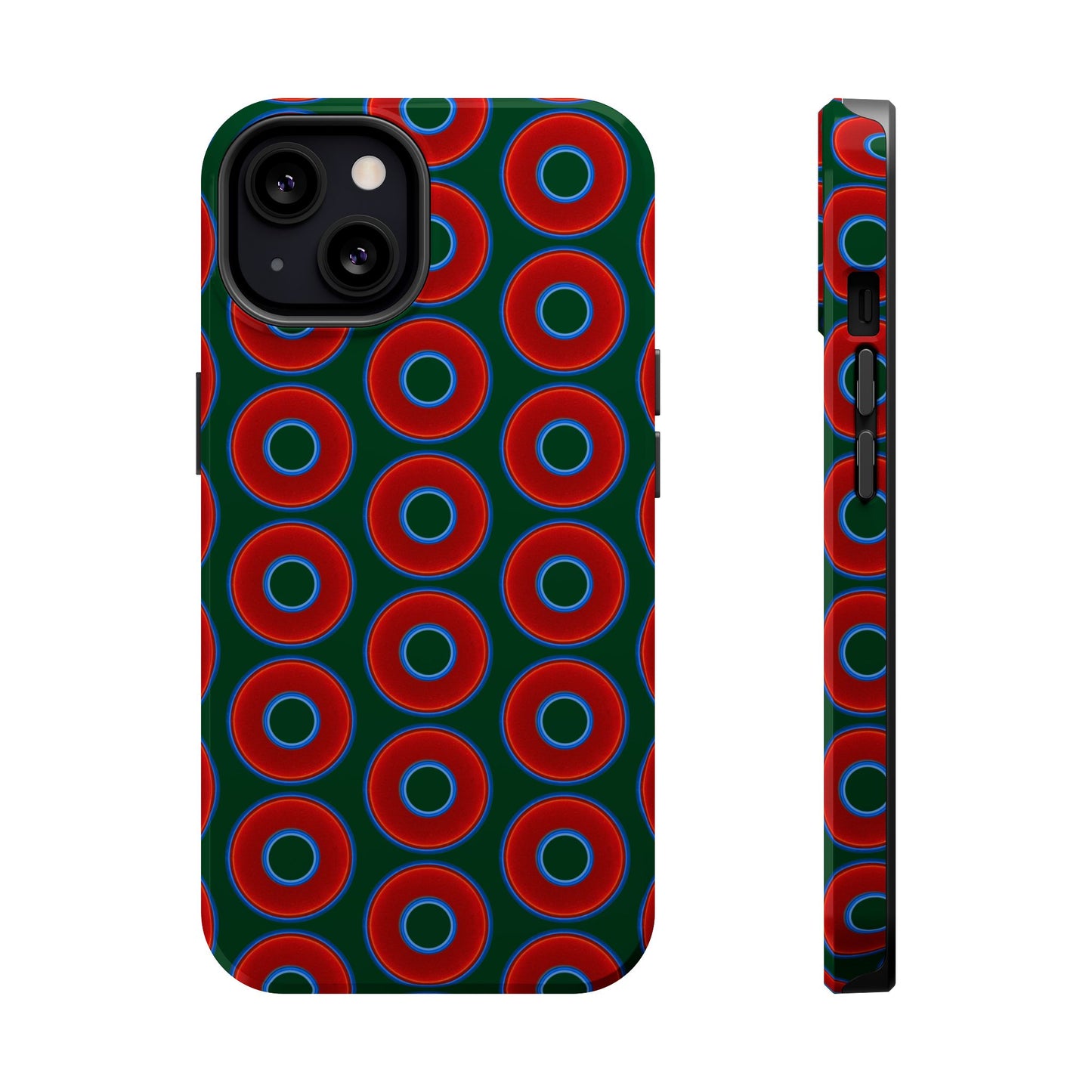 Magnetic Tough Donut Case - red vivid donut print w/deep pond green background