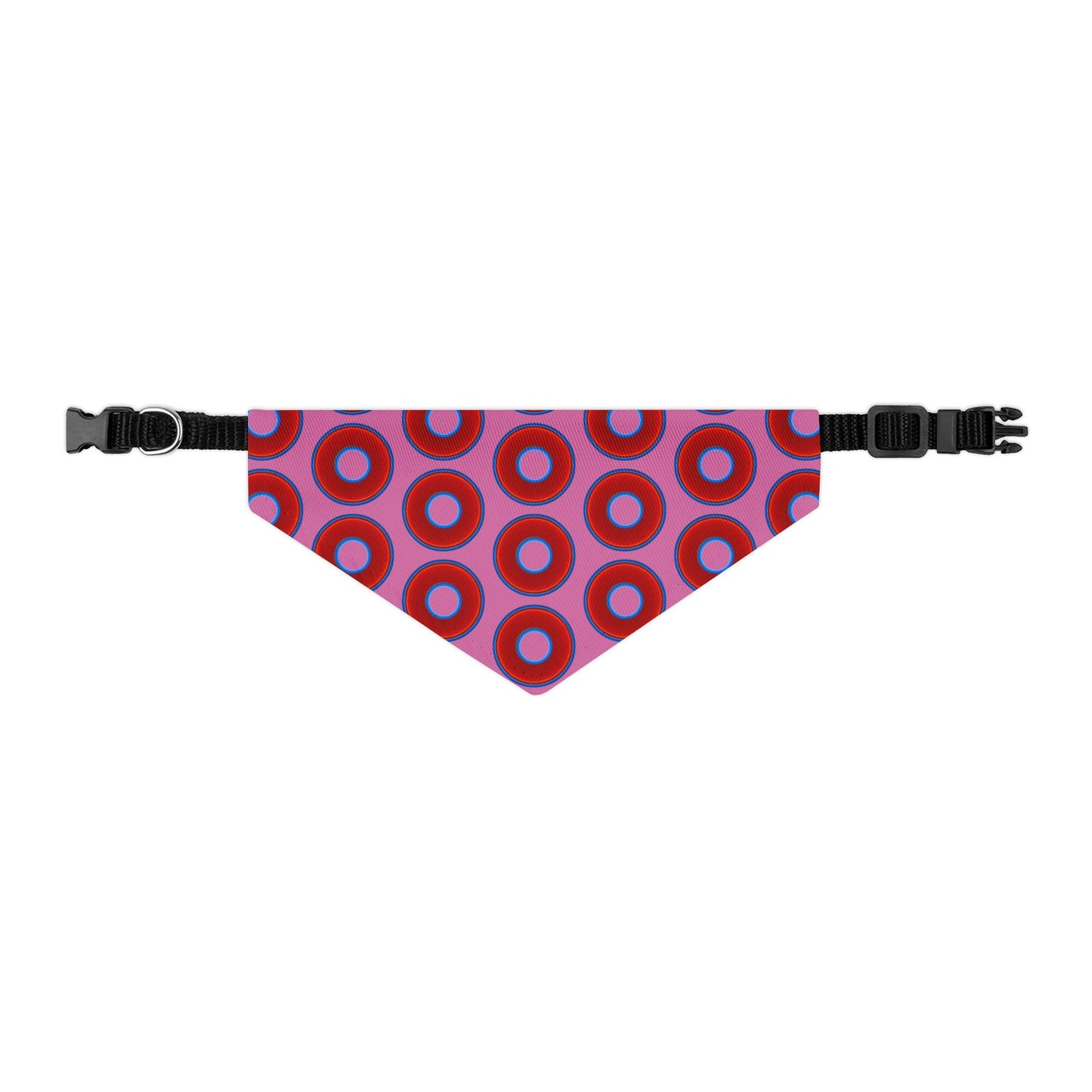 Jim's Lumpy Bandana Pet Collar - vivid red donuts w/pink background