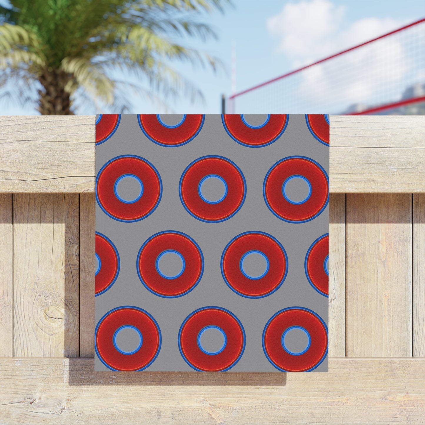 Lumpy Donut Towels - vivid red donuts w/gray background