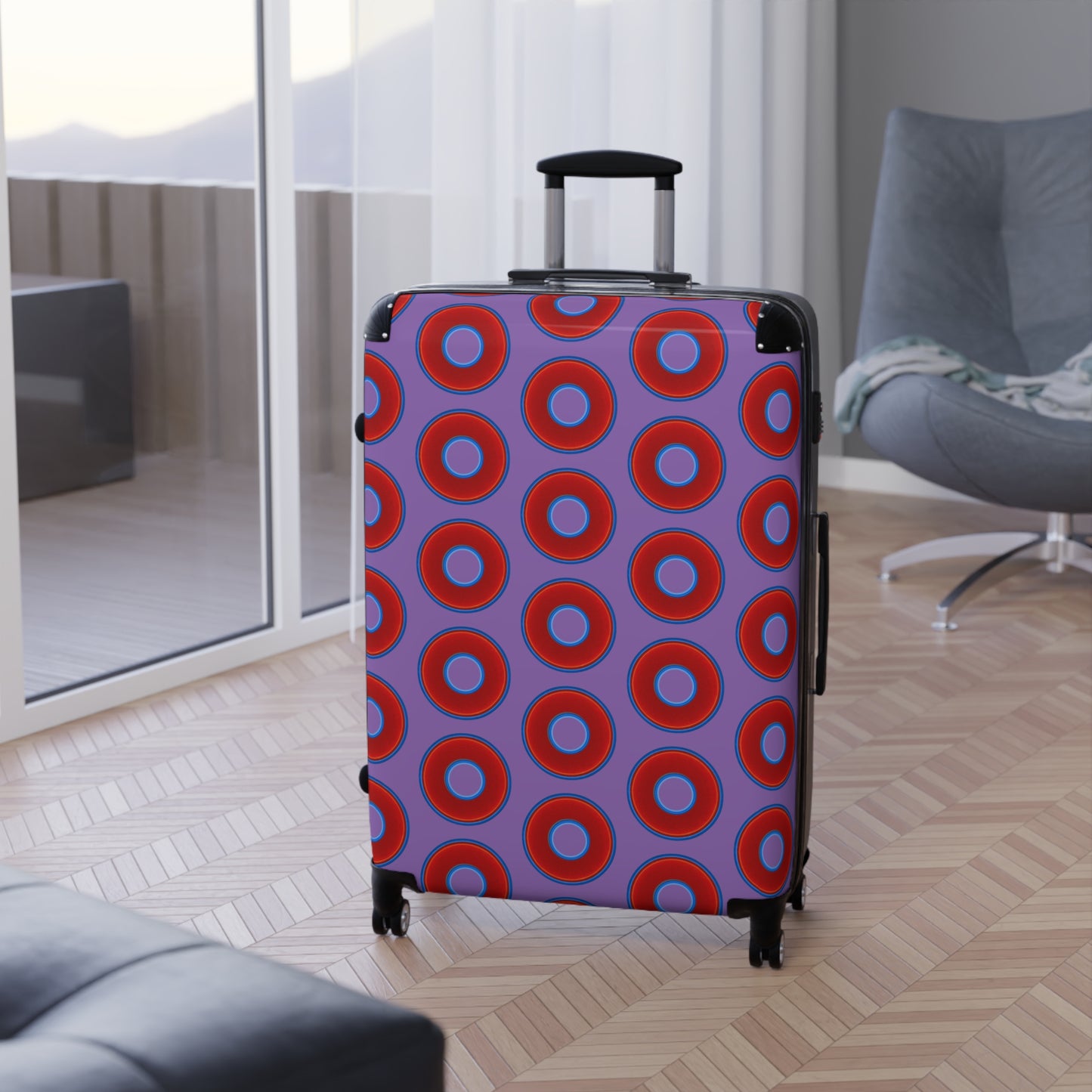 The Very Lumpy Donut Suitcase series - your choice of S, M or L - vivid red donut print w/light purple background
