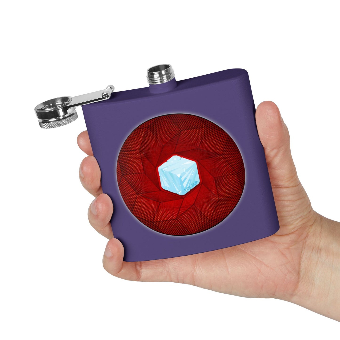 Lump's Donut Flask 6 oz -  "It's Ice... Cube's Donut Flask" - variant 1 - red cubed donut - [*w/your choice of 6 backgrounds]