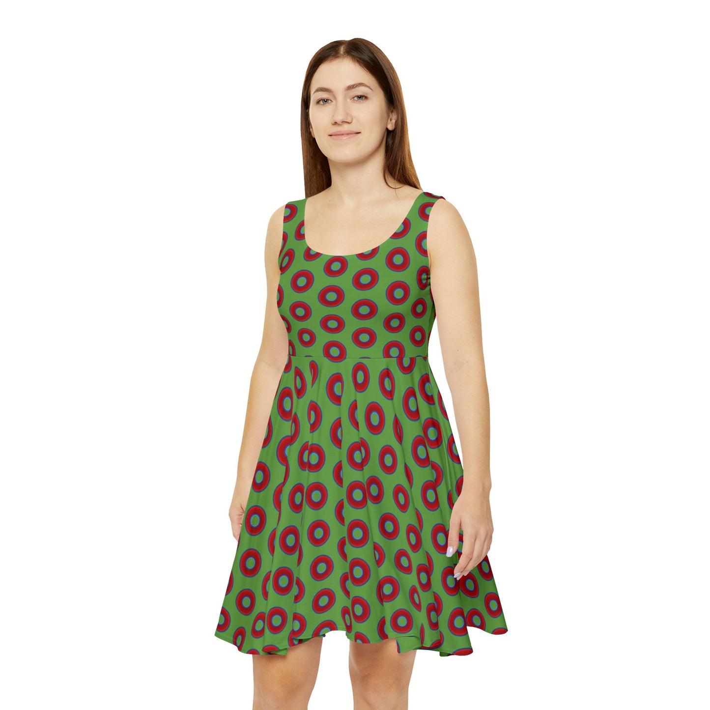 Women's Skater Donut Dress - vivid red donut print w/light green background