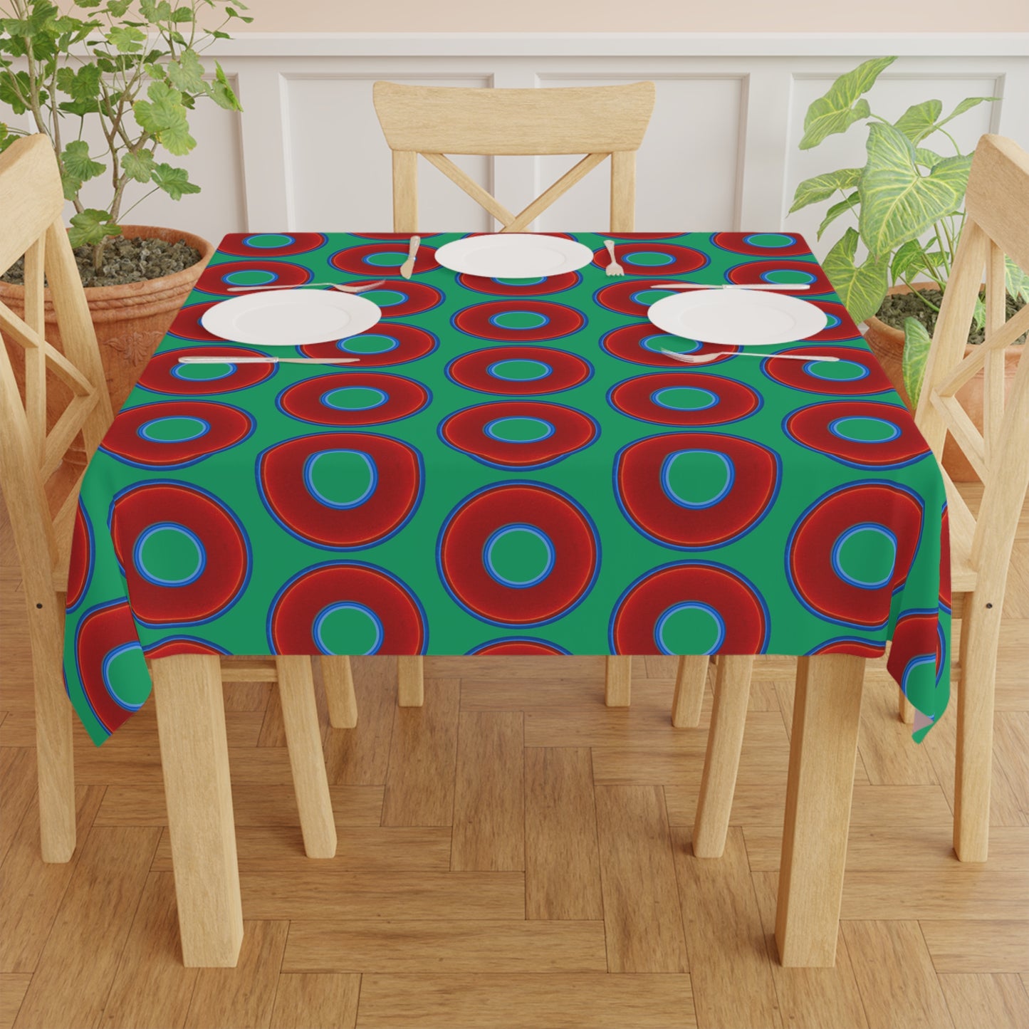 Lumpy Tablecloth - 55.1" x 55.1" - vivid red donuts w/jade green background