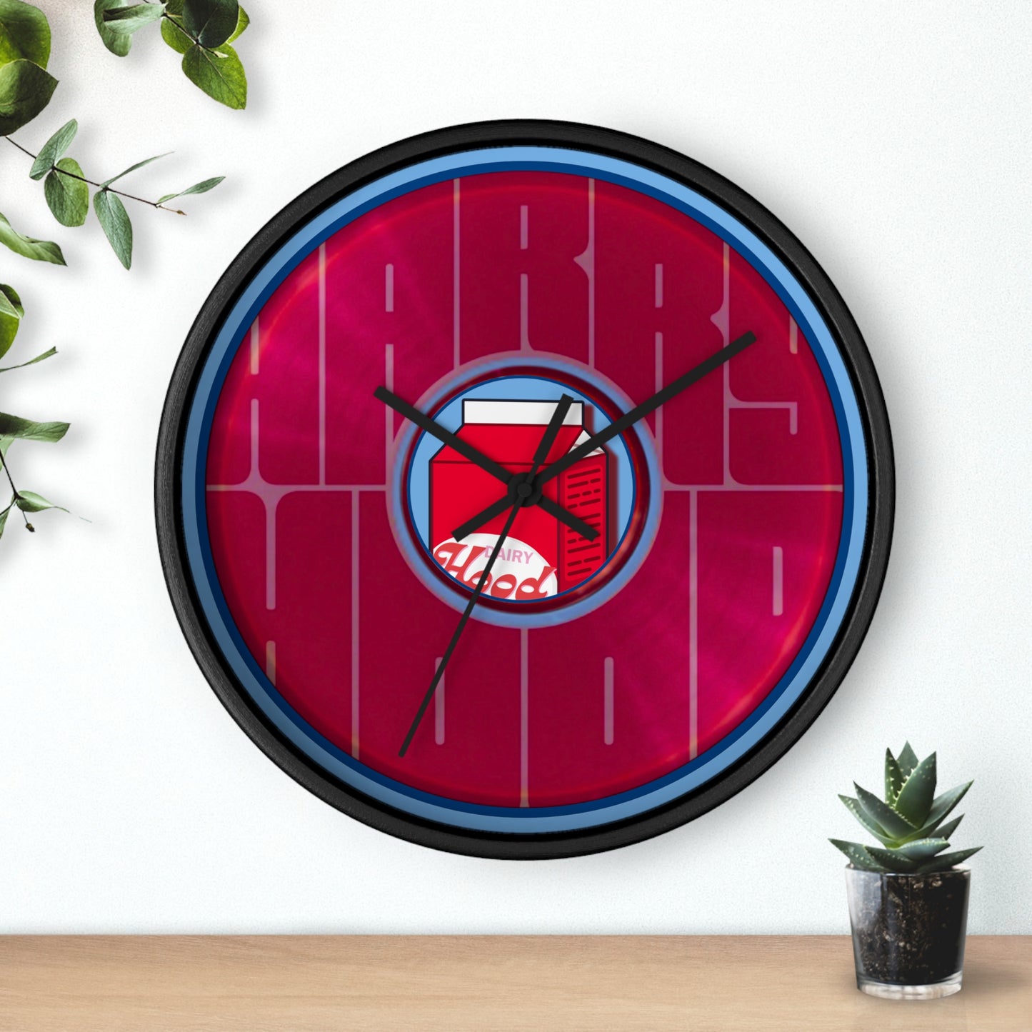 Lumpy Wall Clock - "Harry's Unofficial Donut Clock" - variant 2 - vivid magenta/purple word donut w/light blue background